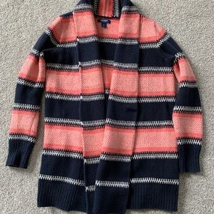 Colorful, navy and pink long cardigan sweater.